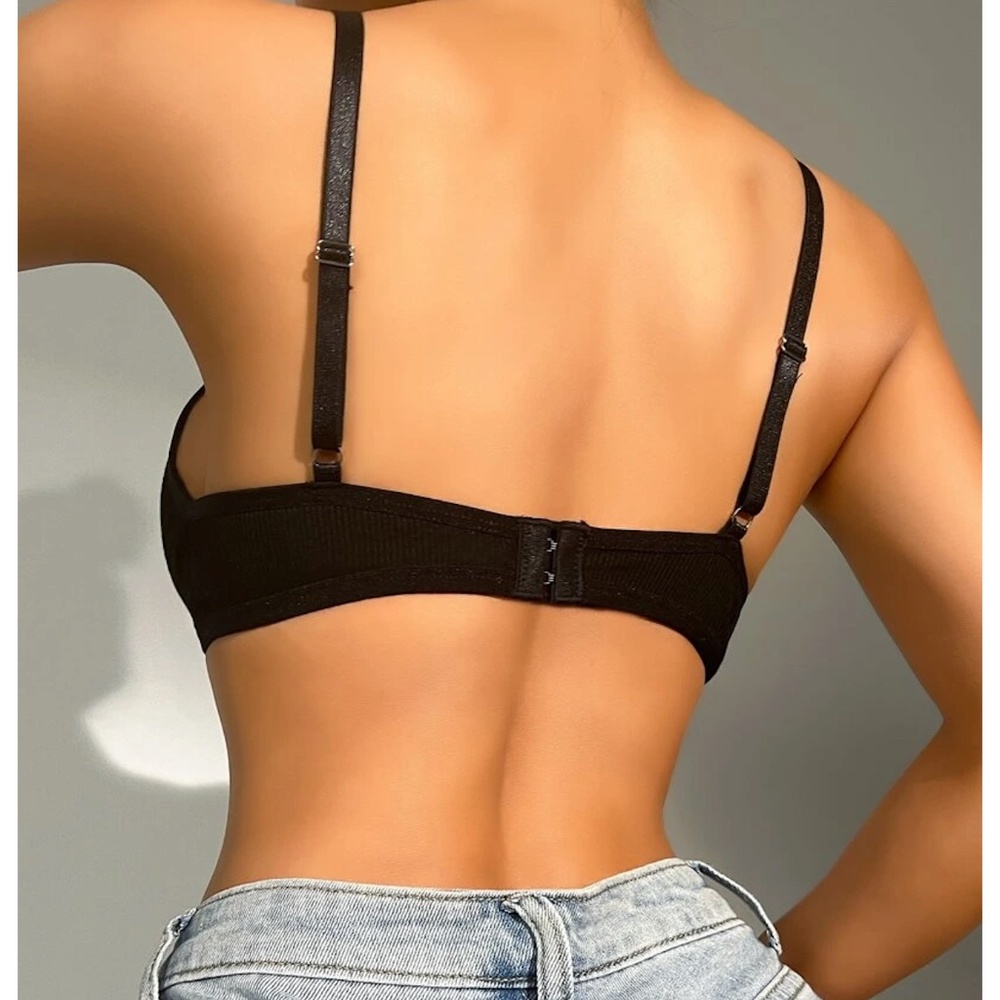 Black Mesh Insert Rib Knit Soft Bralette Triangle Shape - Picture 3 of 7